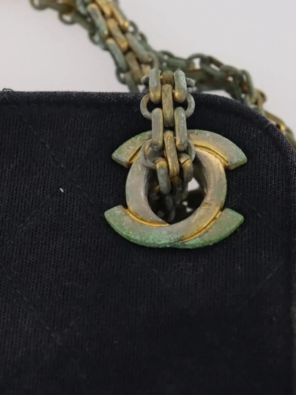CHANEL Matelasse Chain Hand Bag Cotton Navy Gold CC Auth YKZ061